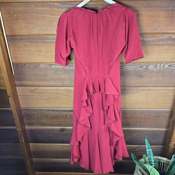 Zac Posen Womens Red Silk Ruffled Midi Dress 2 Milkmaid Feminine High Low - Picture 10 of 12